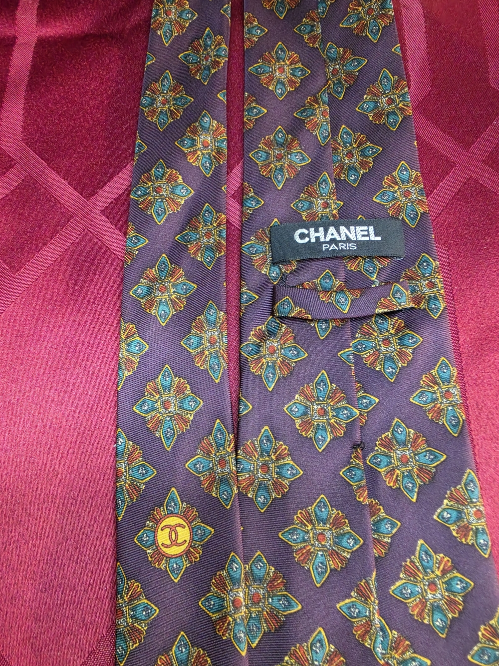 CHANEL Purple Silk Tie with Teal and Gold Floral Motif